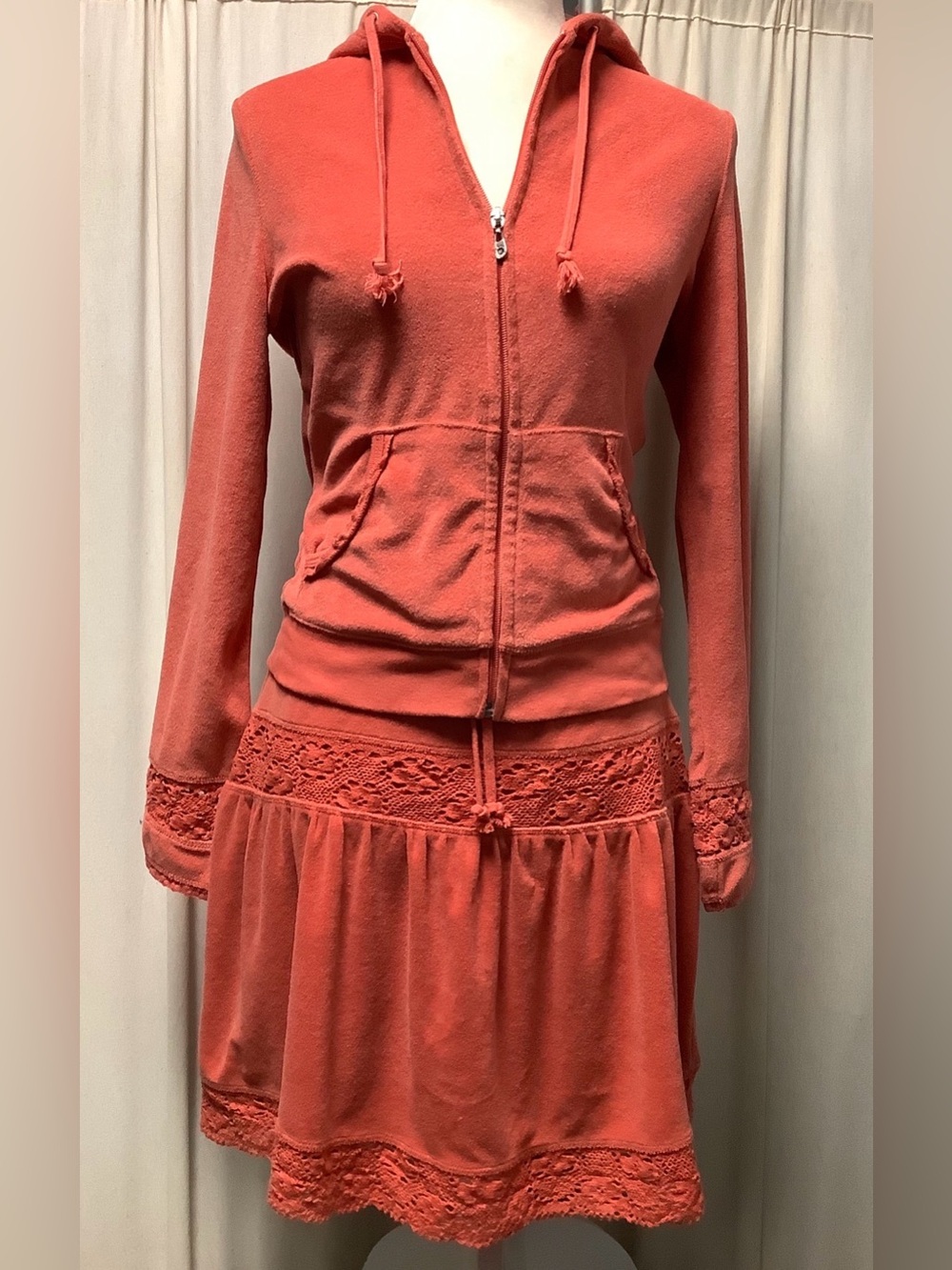 BCBGMaxazria 90s Terry Lace Trim Zip Up Hoodie Ruffle Skirt S